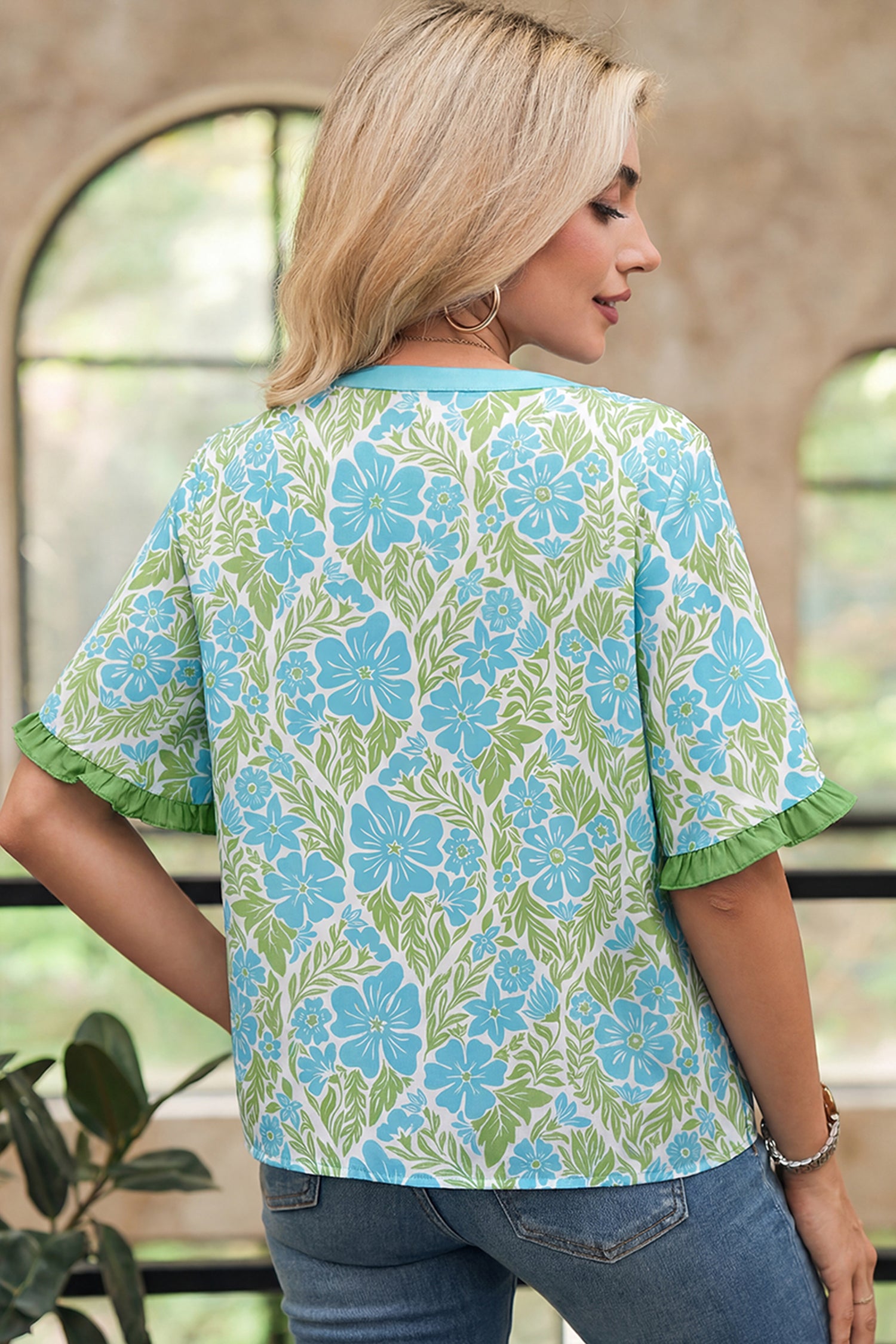 Purple Floral Print Ruffled Color Block Trim Half Sleeve Blouse