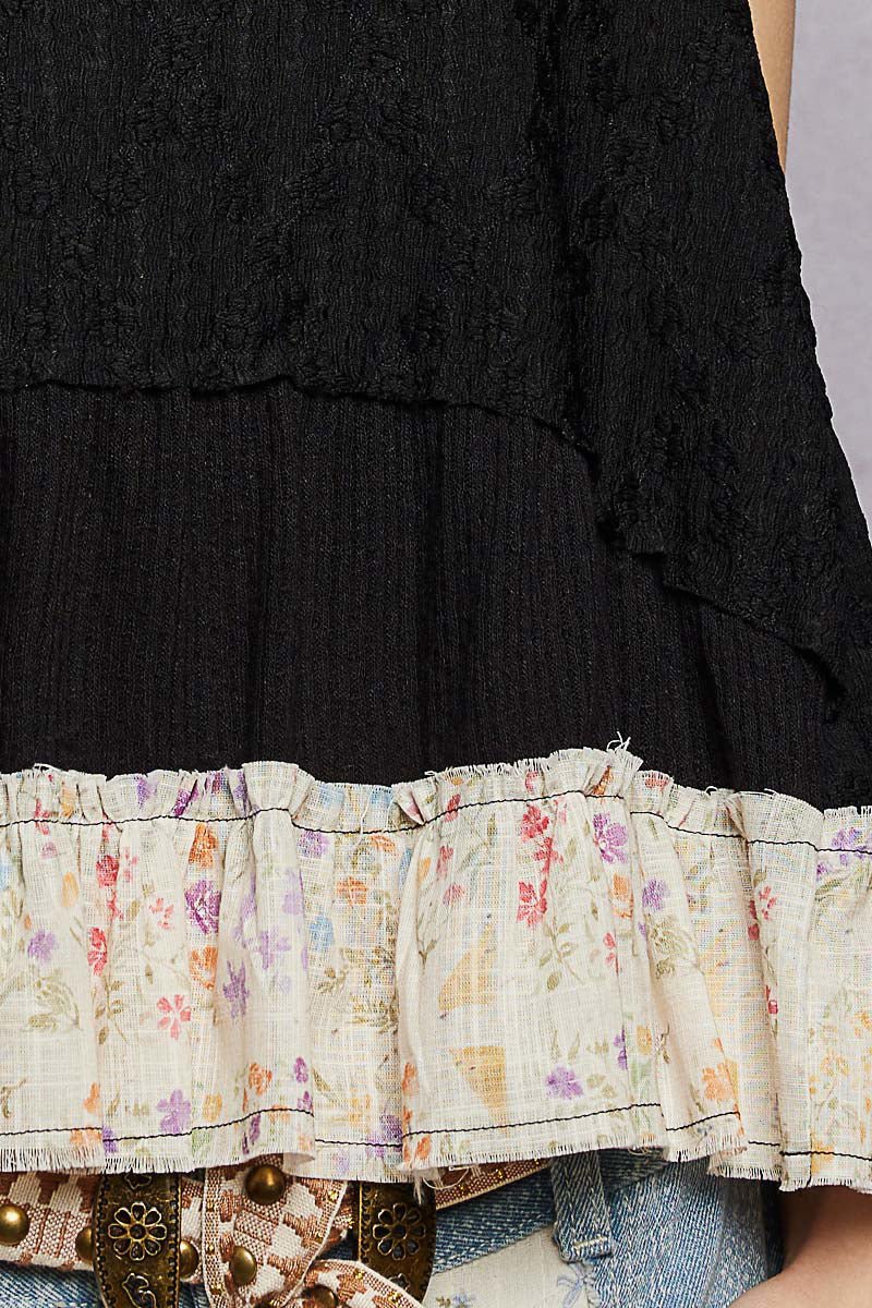 POL Floral Print V-Neck Textured Tank - BLACK / S