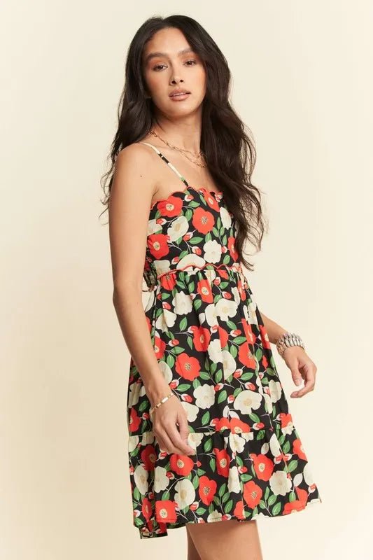 Davi & Dani Floral Scalloped Cutout Back Mini Dress - Black / S