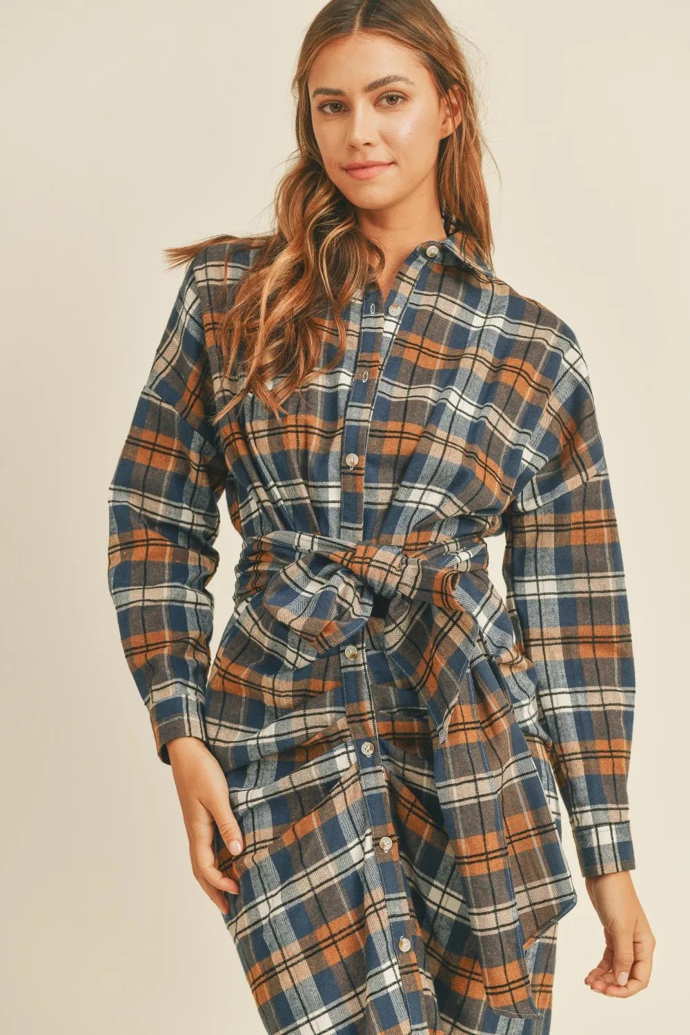 Mable Plaid Flannel Front Tie Button Down Shirt Dress - Camel / S