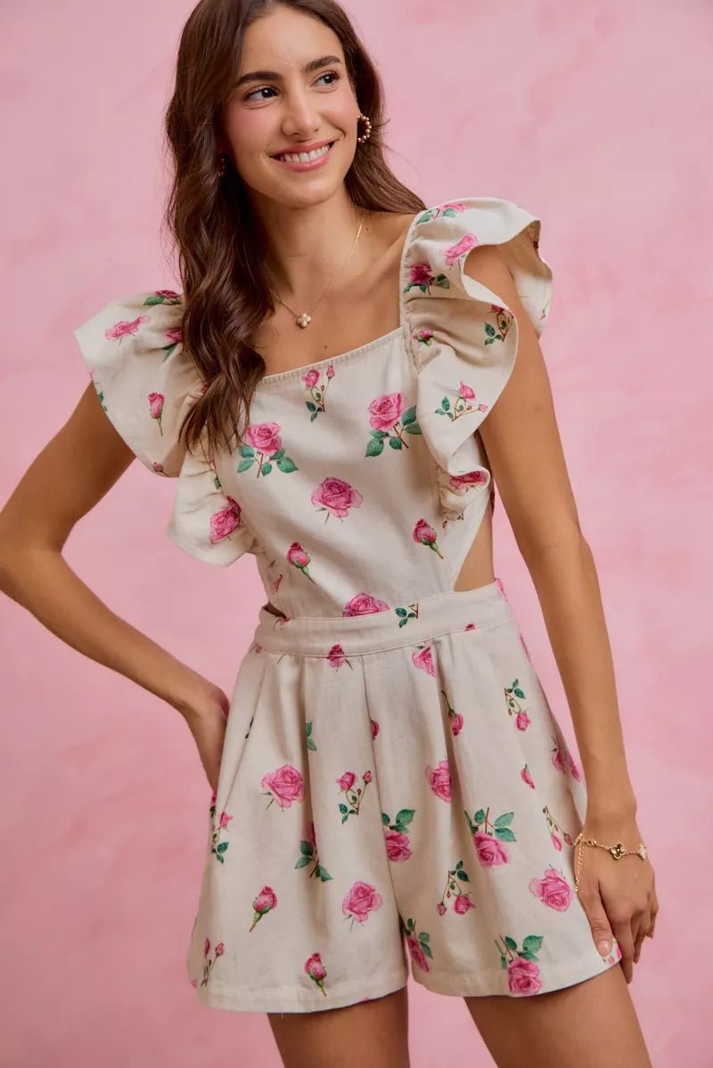SO ME Floral Print Denim Cut Out Waist Ruffled Romper - IVORY/PINK / S