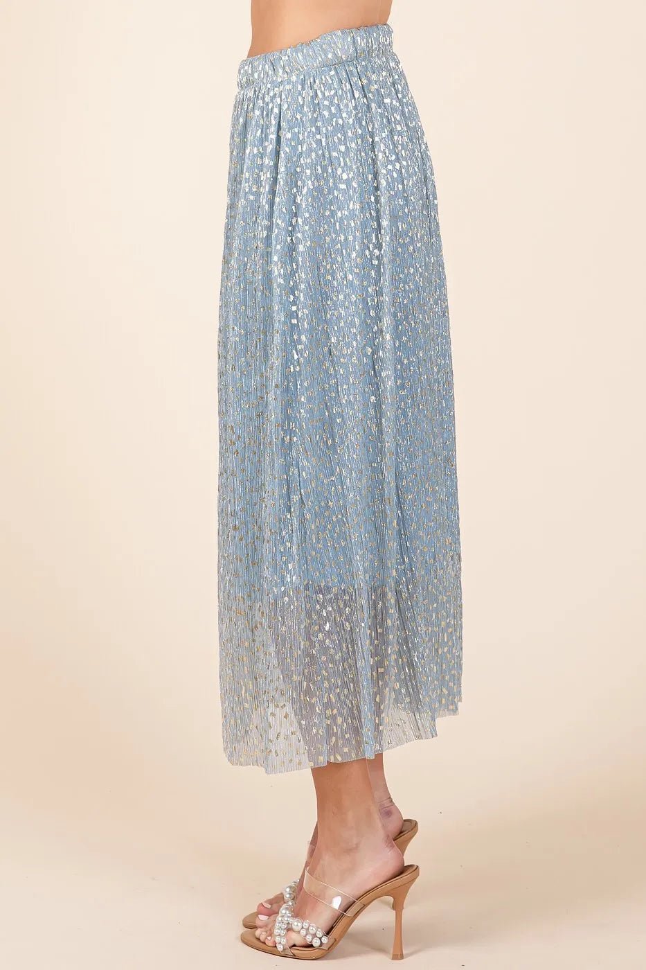 Mittoshop Metallic Glitter Speckle Print Elastic Midi Skirt - BLUE / S