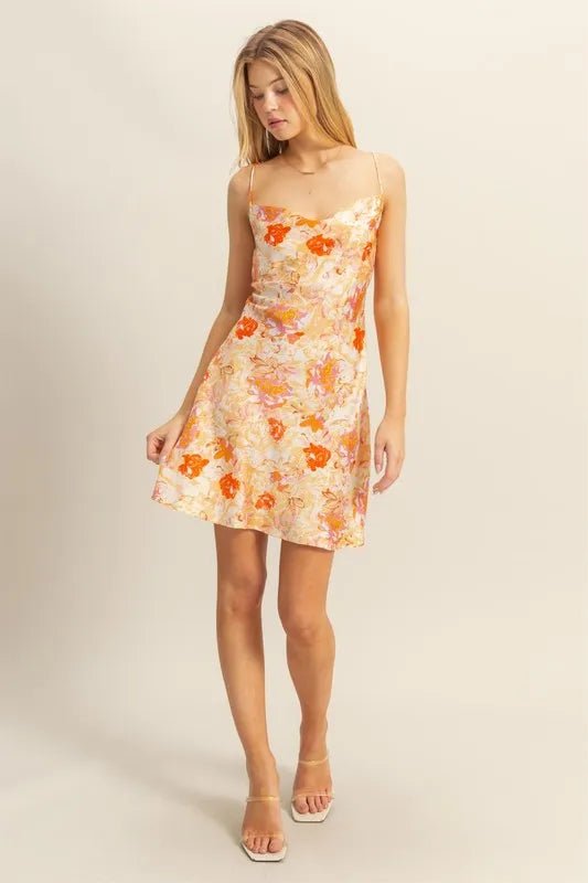 HYFVE Floral Cowl Neck Flirty Satin Mini Dress - ORANGE / S