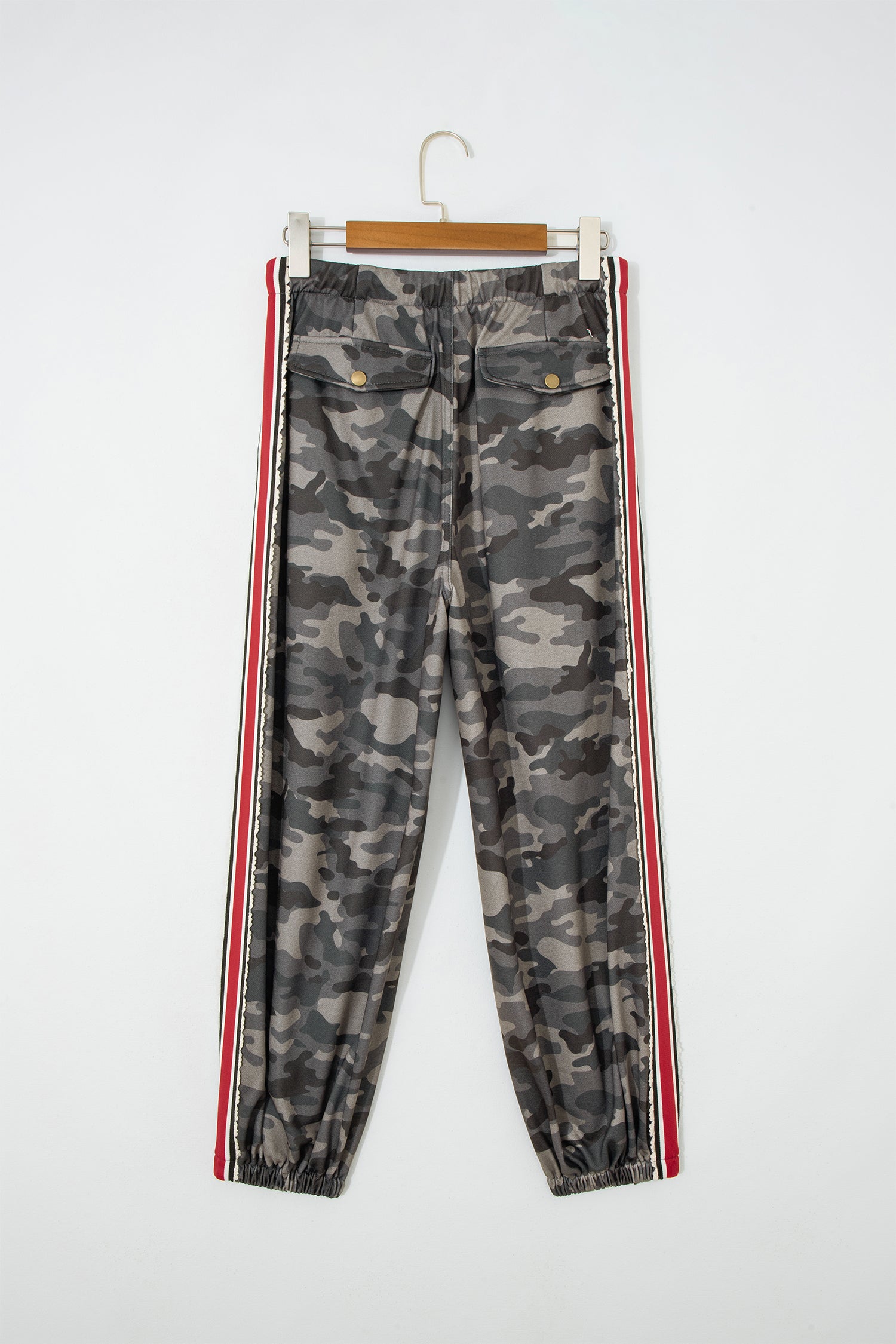 Khaki Camouflage Print Striped Side Panel Patchwork Drawstring Pants
