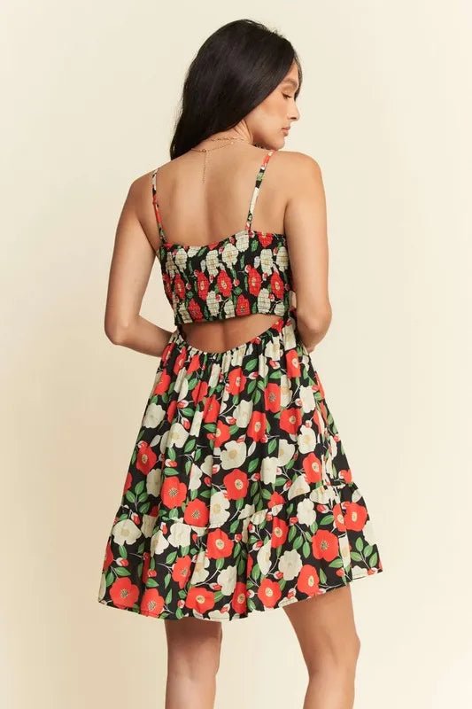 Davi & Dani Floral Scalloped Cutout Back Mini Dress - Black / S