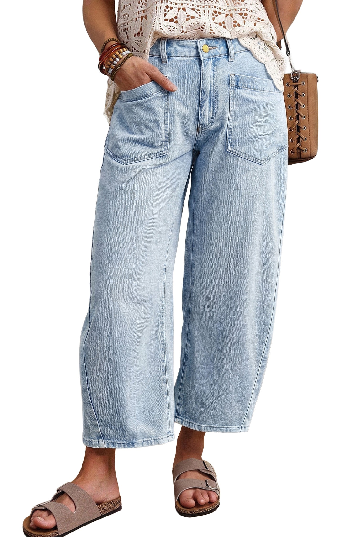 Coffee Solid Color Square Patch Pocket Ankle-length Barrel Jeans