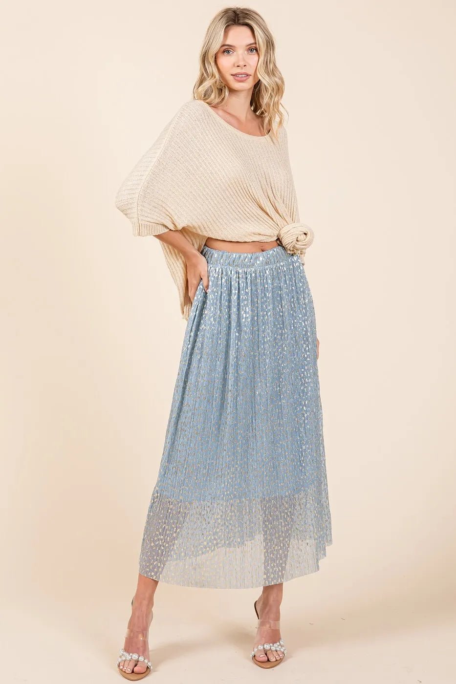 Mittoshop Metallic Glitter Speckle Print Elastic Midi Skirt - BLUE / S