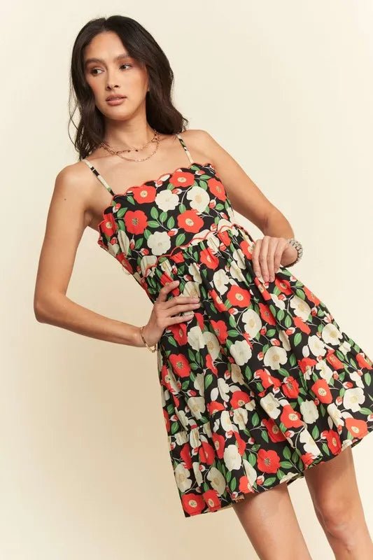 Davi & Dani Floral Scalloped Cutout Back Mini Dress - Black / S