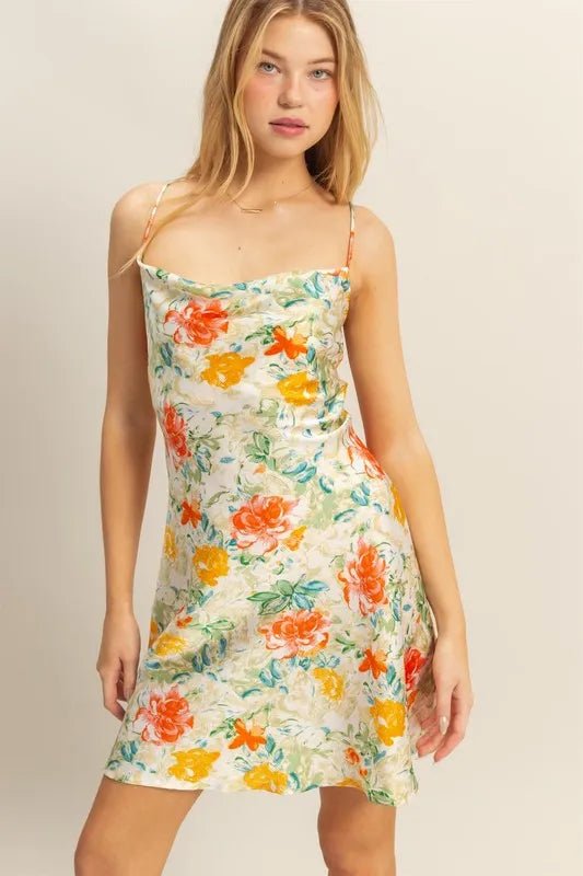 HYFVE Floral Cowl Neck Flirty Satin Mini Dress - APPLE GREEN / S