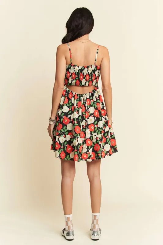 Davi & Dani Floral Scalloped Cutout Back Mini Dress - Black / S