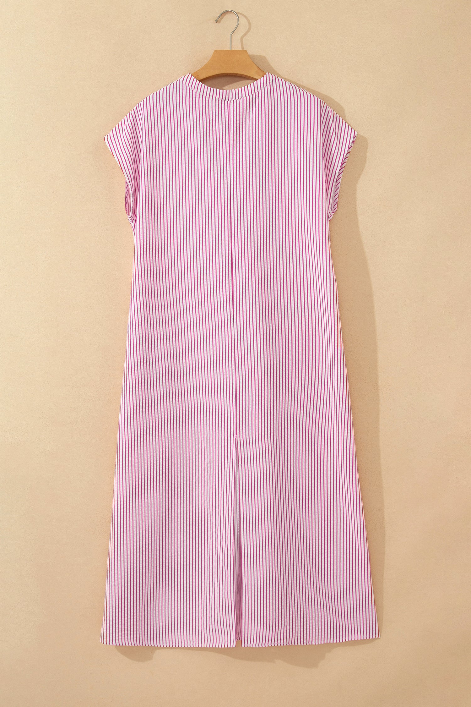 Black Stripe Frilled Detail Half Buttons Short Sleeve Long Dress