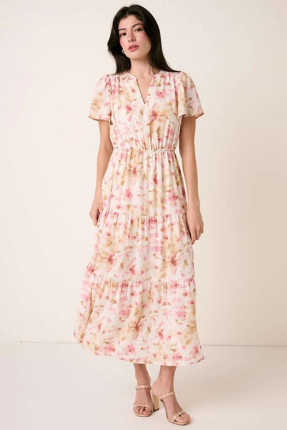 Mittoshop Flower Print Flutter Sleeve V Slit Maxi Dress - PINK / S