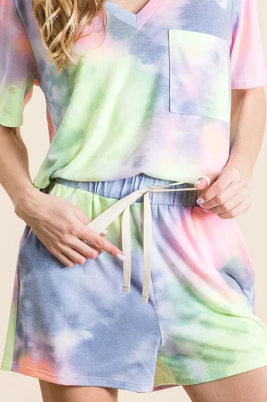 BiBi Tie Dye Casual Shorts with Twill Tape Drawstring - BLUE/N.YELLOW / S