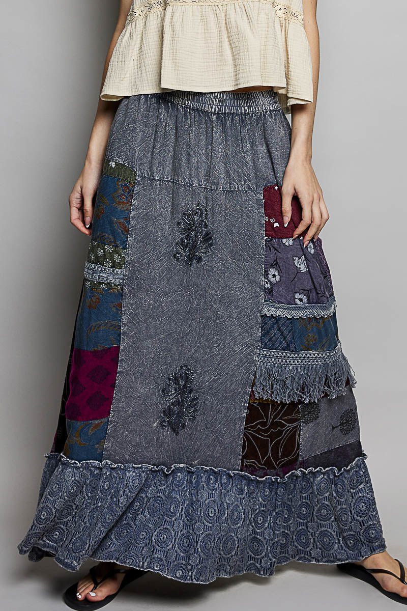 POL Printed Patchwork Embroidered Ruffled Skirt - CHARCOAL MULTI / S