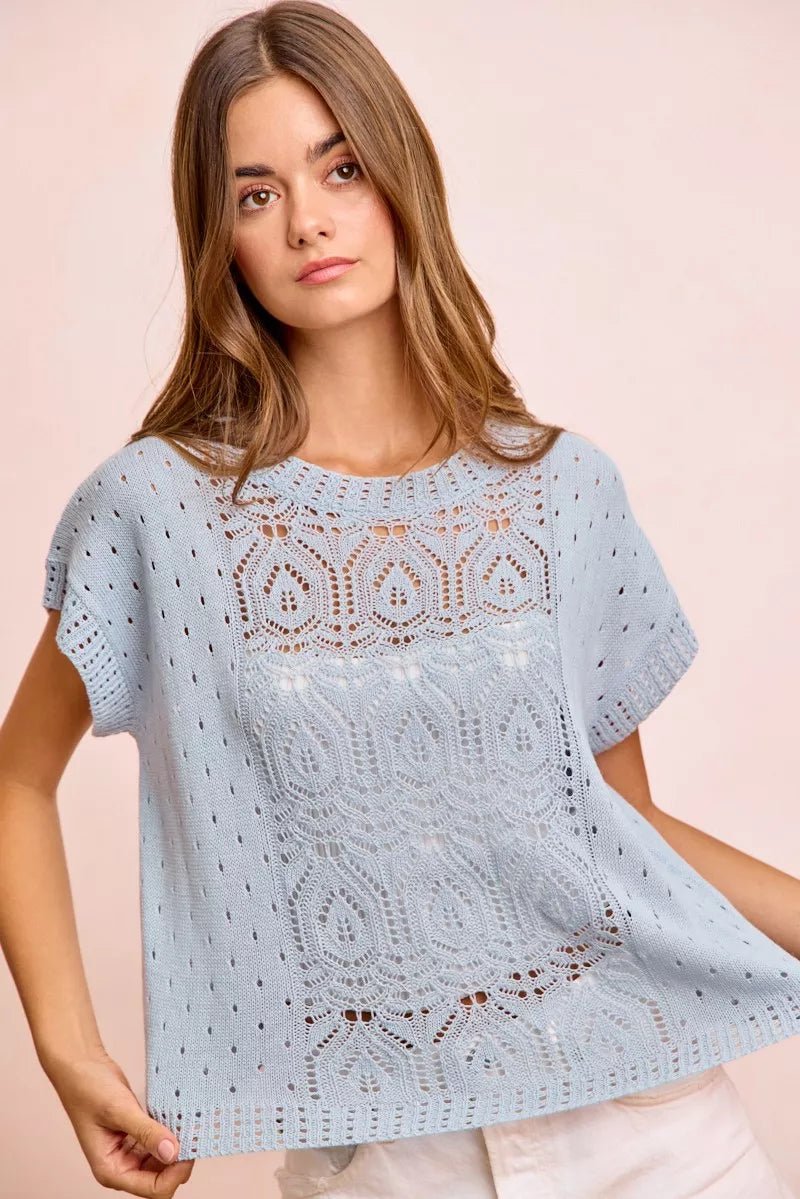 BiBi Washed Eyelet Short Sleeve Breathable Knit Top - Washed Ice Blue / S
