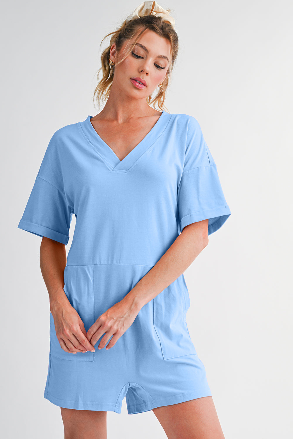 Grass Green Loose Half Sleeve V Neck Plain Romper