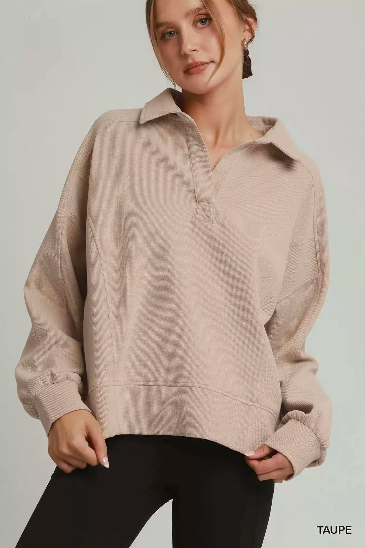 Umgee Brushed Waffle Polo Collared Pullover - TAUPE / S
