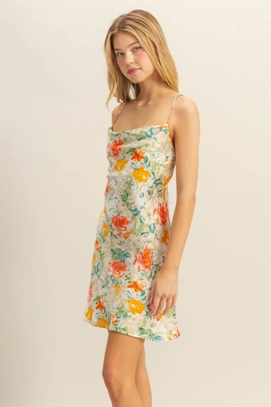 HYFVE Floral Cowl Neck Flirty Satin Mini Dress - APPLE GREEN / S