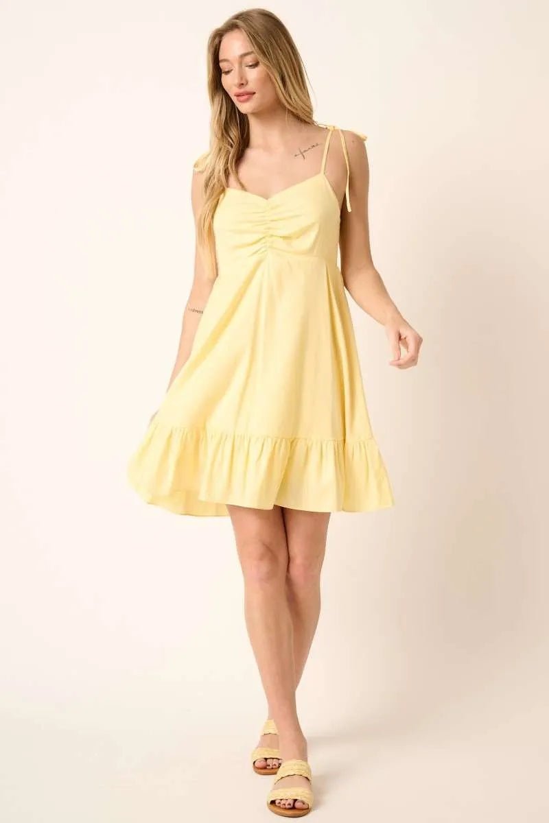 Mittoshop Ruched Detail Spaghetti Tie Mini Dress - YELLOW / S
