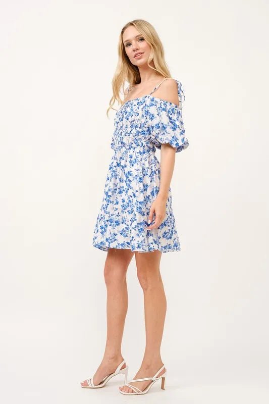 And The Why Off Shoulder Bubble Sleeve Dress - White Blue / S