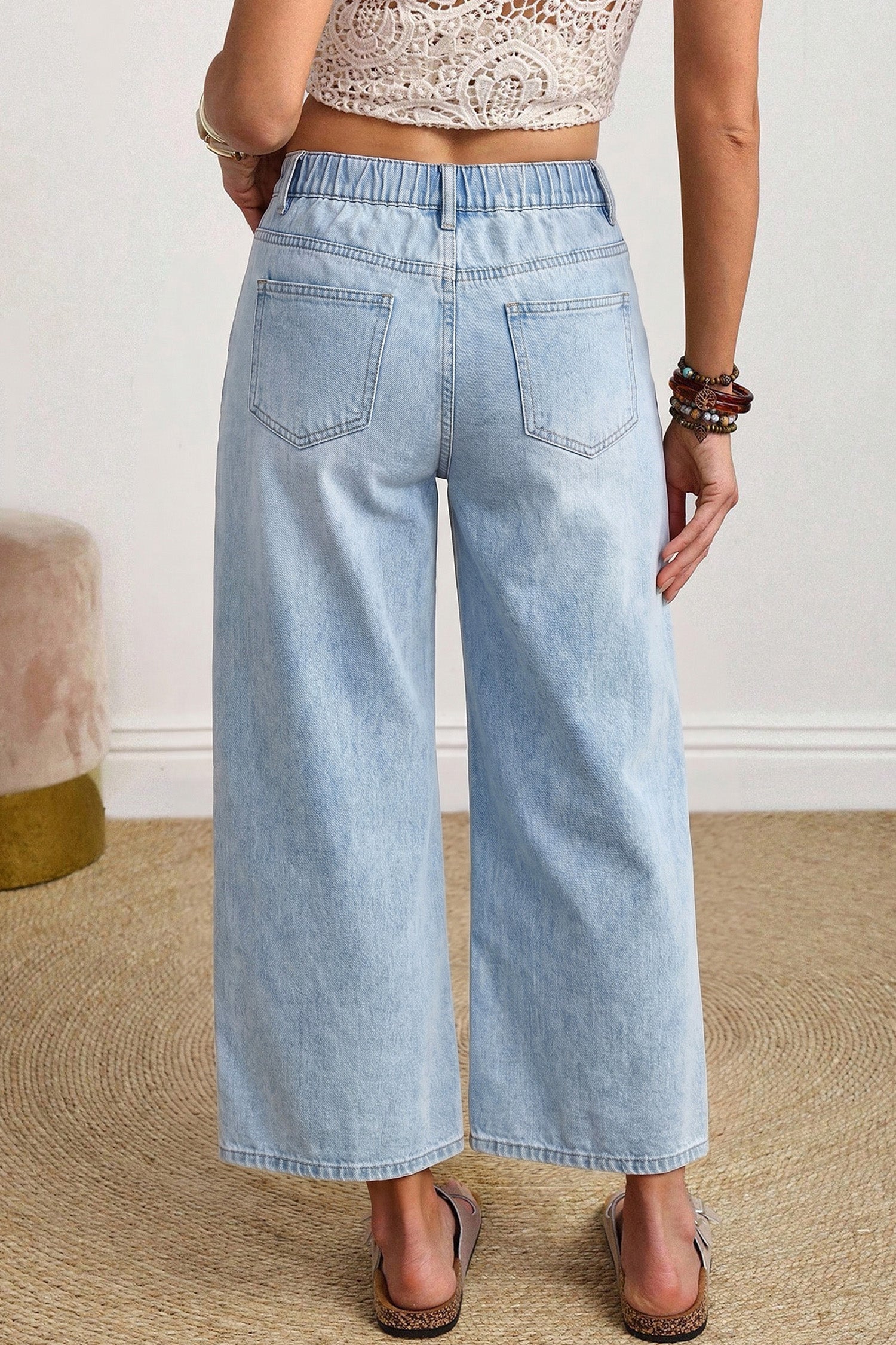 Coffee Solid Color Square Patch Pocket Ankle-length Barrel Jeans