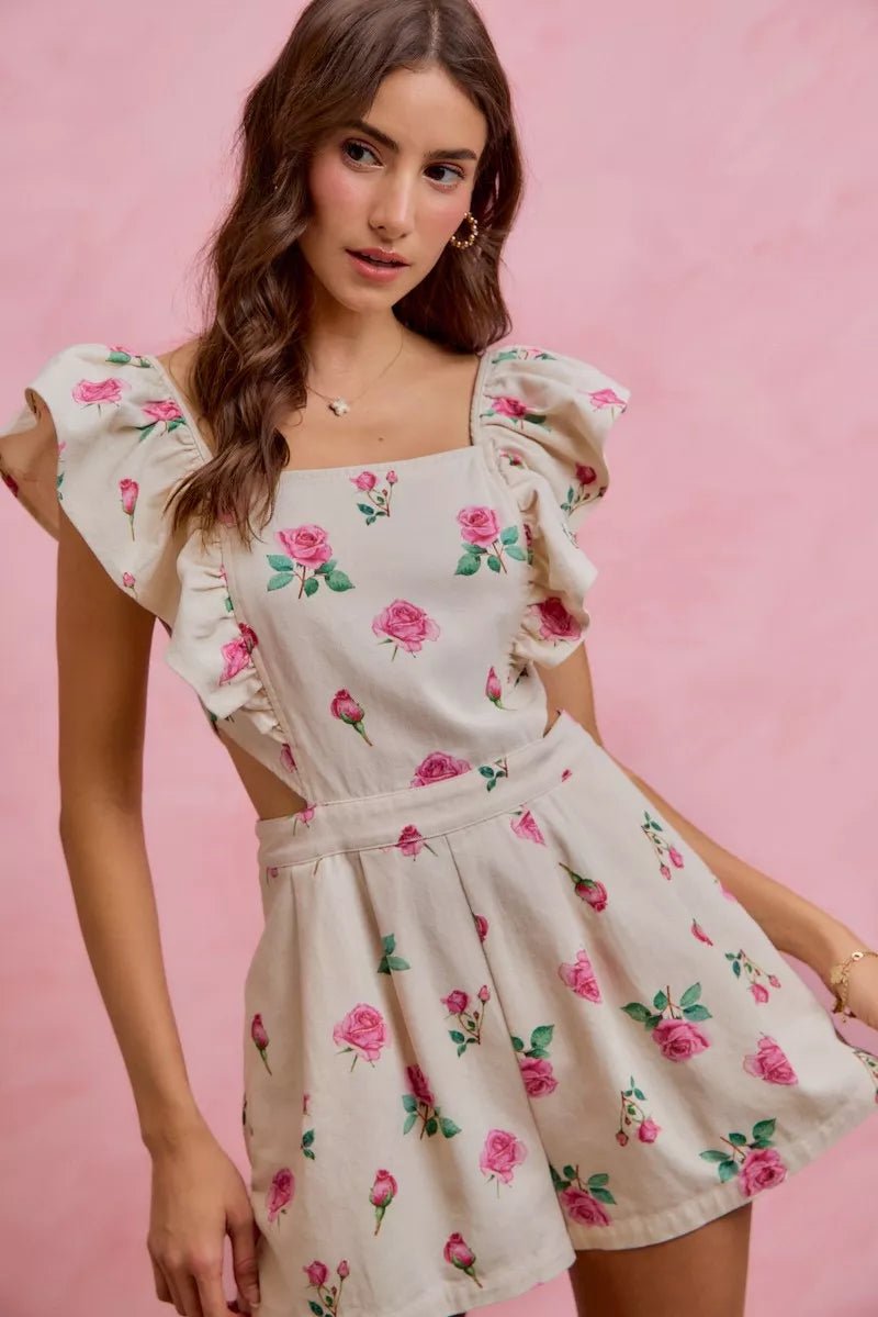 SO ME Floral Print Denim Cut Out Waist Ruffled Romper - IVORY/PINK / S