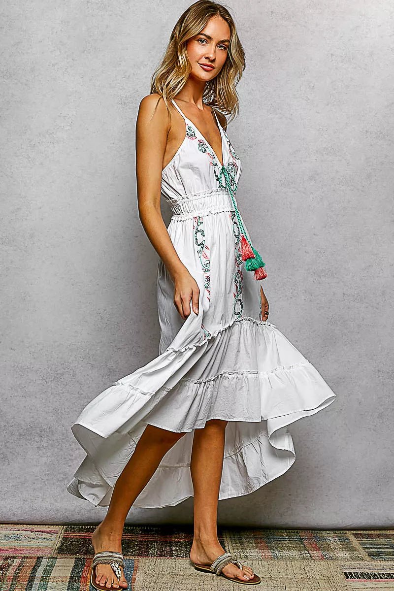 POL Embroidered Detail Tassel Tie Smocked Waist Midi Tiered Cami Dress - IVORY / S