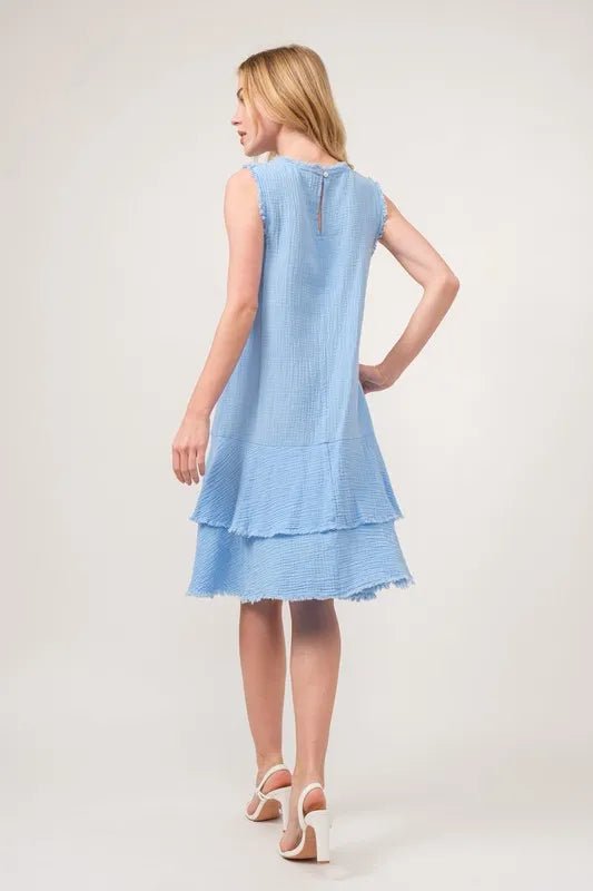 And The Why Washed Fringe Detail Tiered Dress - Baby Blue / S