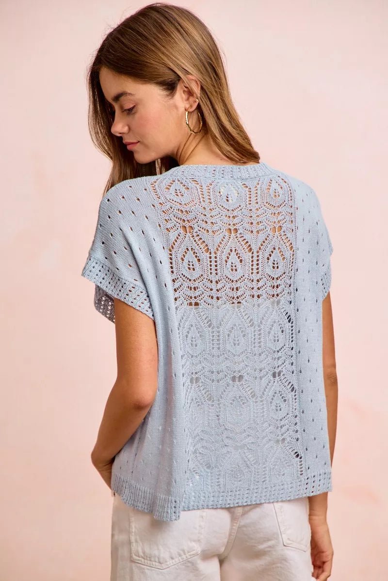 BiBi Washed Eyelet Short Sleeve Breathable Knit Top - Washed Ice Blue / S