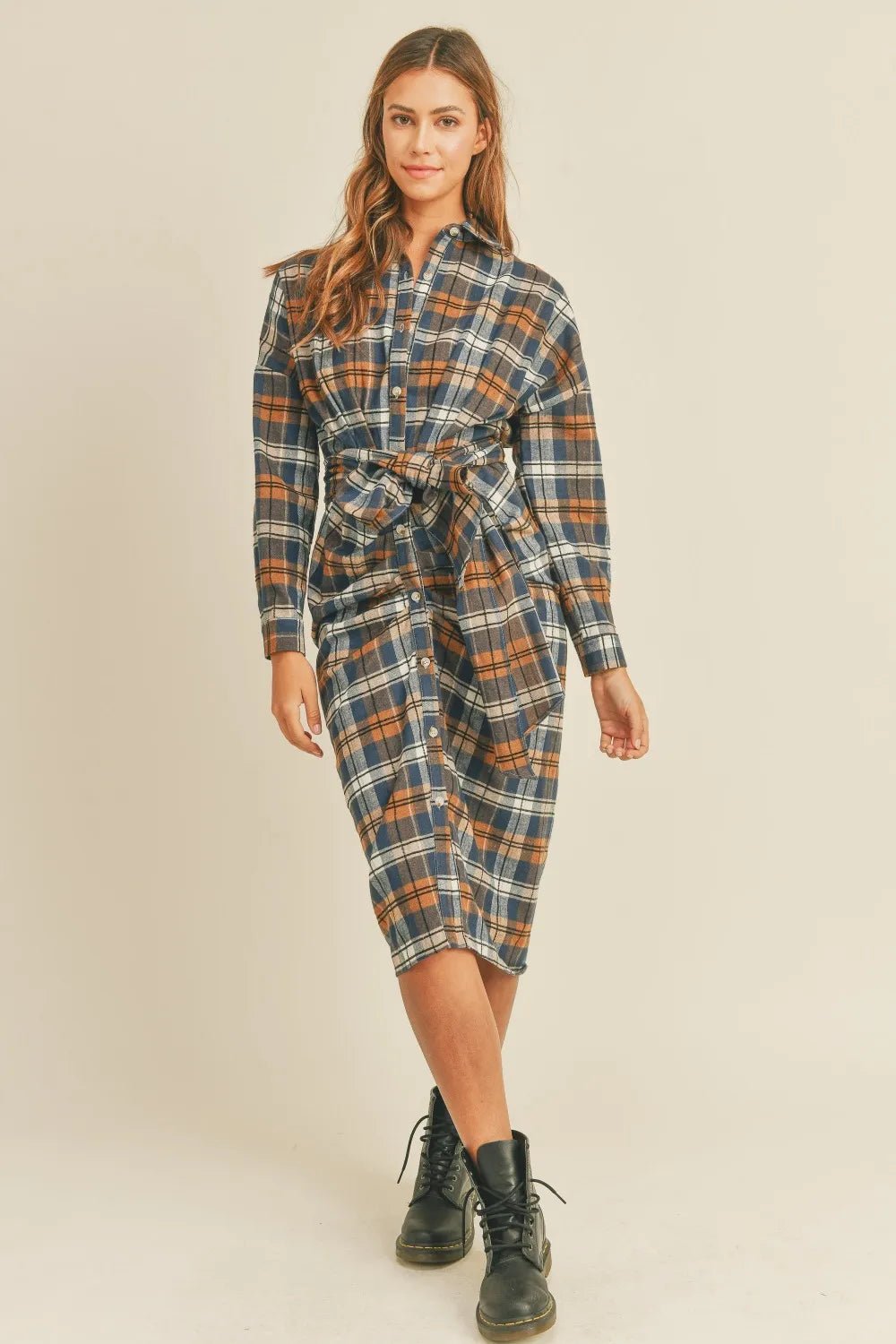 Mable Plaid Flannel Front Tie Button Down Shirt Dress - Camel / S