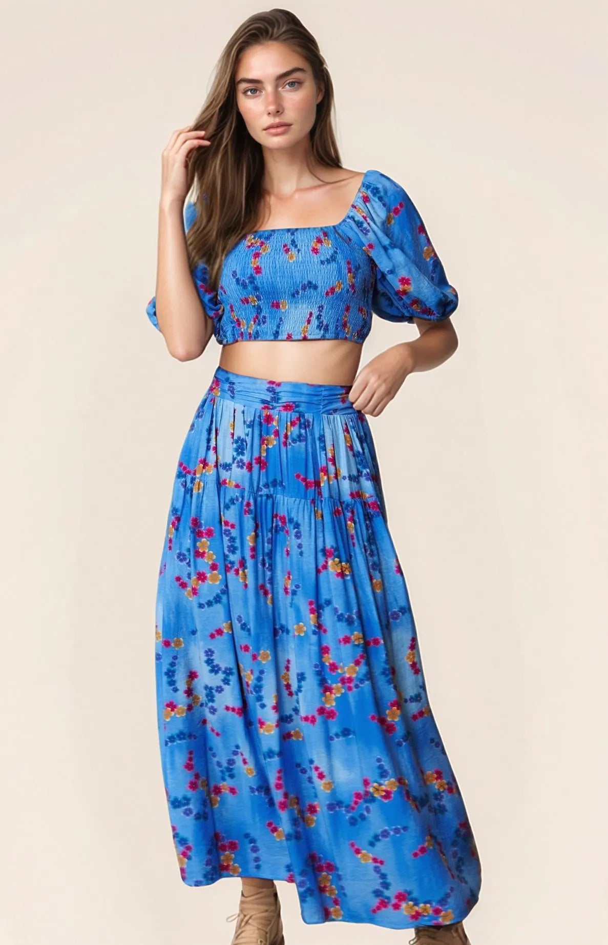 Davi & Dani Printed Smocking Waistband Ruffled Maxi Skirt - OCEAN BLUE / S