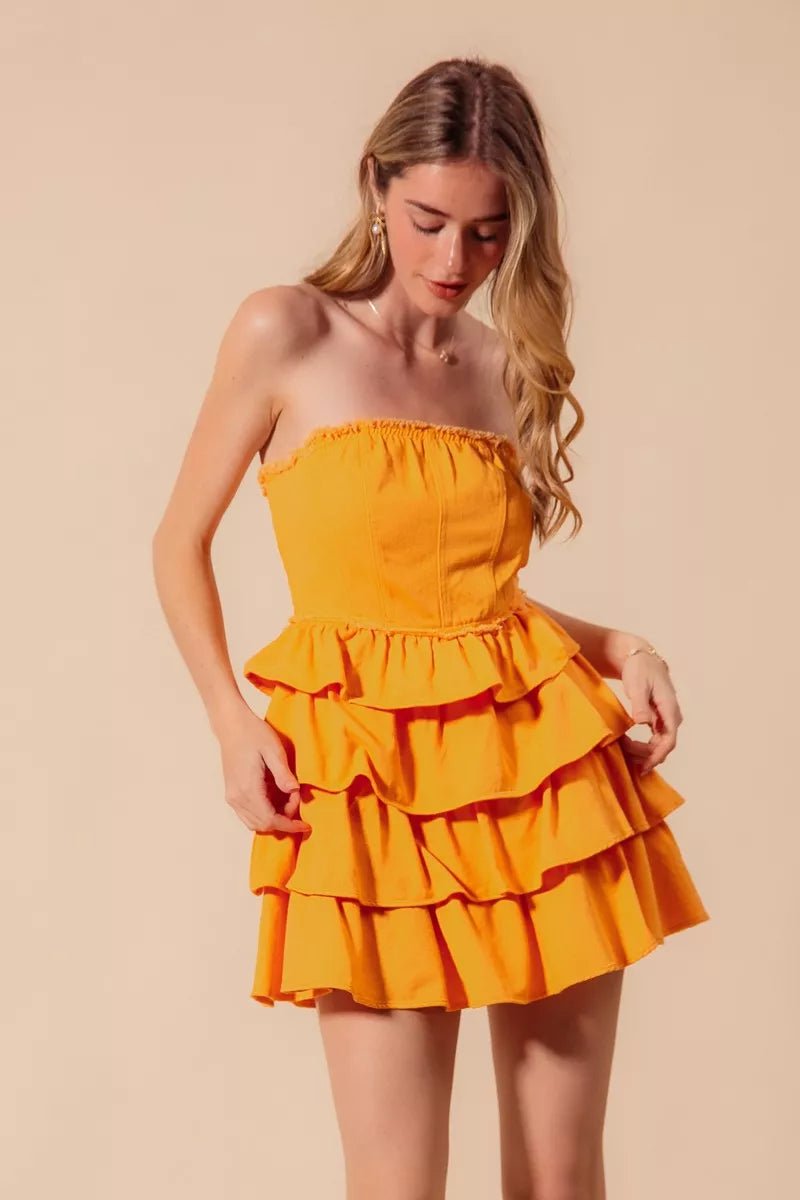 SO ME Strapless Ruffle Layered Game Day Cheer Up Dress - GOLD / S