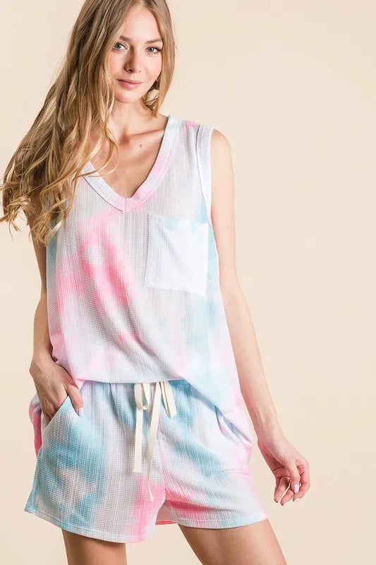 BiBi Tie Dye Textured Knit Top and Shorts Set - N.PINK/BLUE MULTI / S