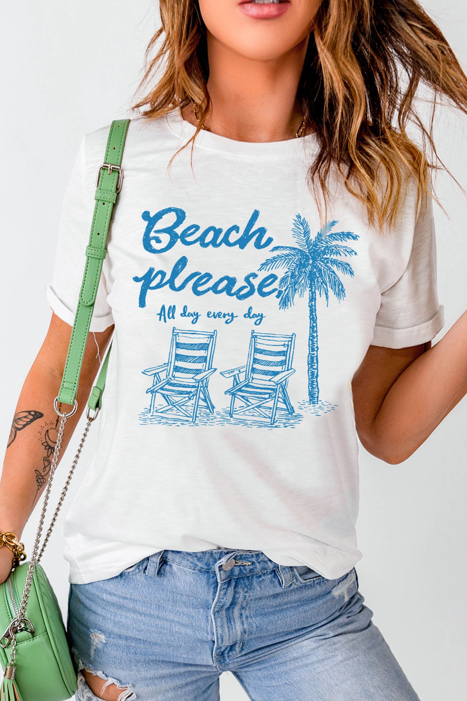 White Beach Vacation Theme Printed Loose Tee