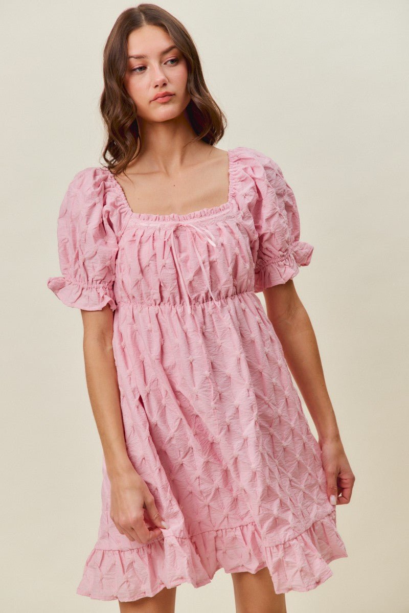 SO ME Texture Woven Ruching On Bust Mini Dress - PINK / S