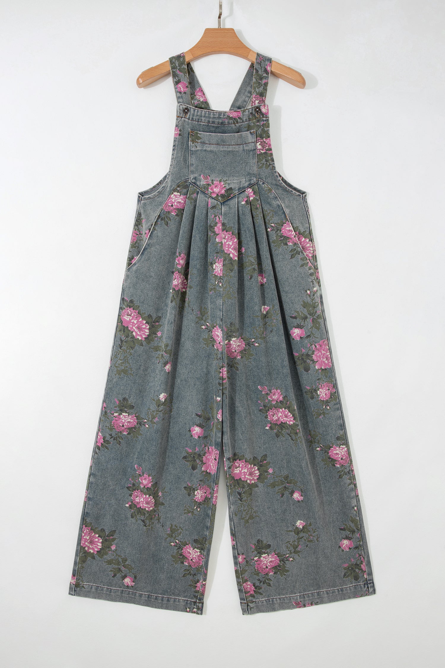 Beau Blue Floral Print Pleated High Waist Wide Leg Denim Jumpsuit
