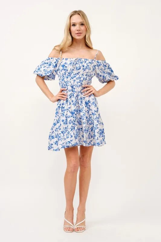 And The Why Off Shoulder Bubble Sleeve Dress - White Blue / S
