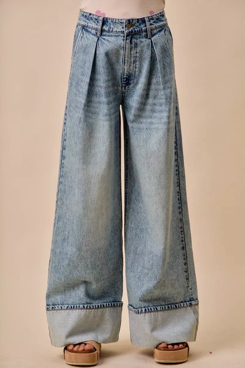 SO ME Mid Rise Plated Wid Leg Denim Jean - DENIM / S