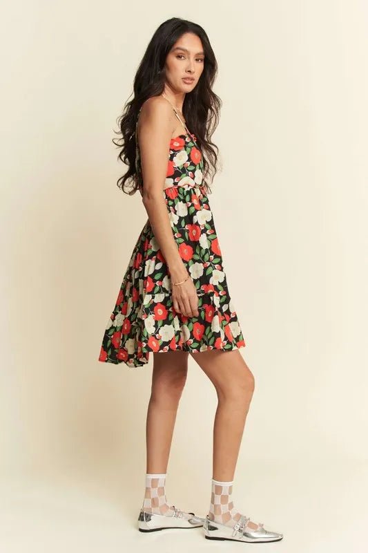 Davi & Dani Floral Scalloped Cutout Back Mini Dress - Black / S