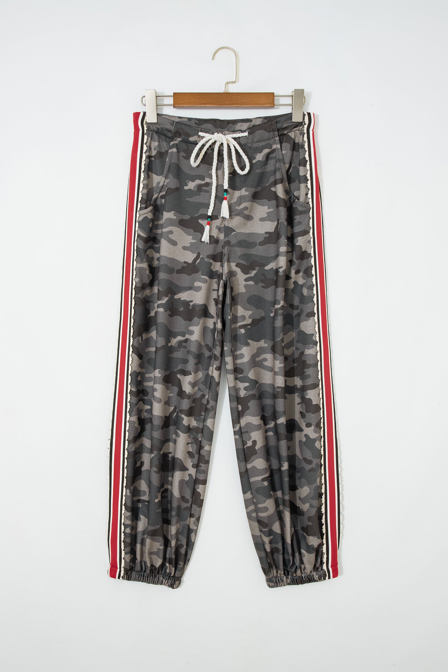 Khaki Camouflage Print Striped Side Panel Patchwork Drawstring Pants