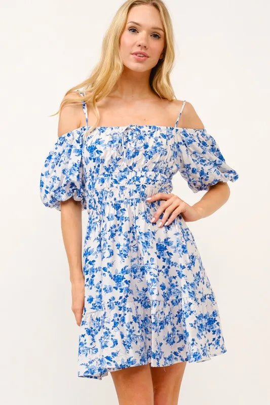 And The Why Off Shoulder Bubble Sleeve Dress - White Blue / S