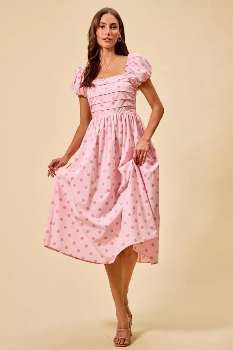 SO ME Polka Cotton Print Short Sleeves Midi Dress - PINK / S
