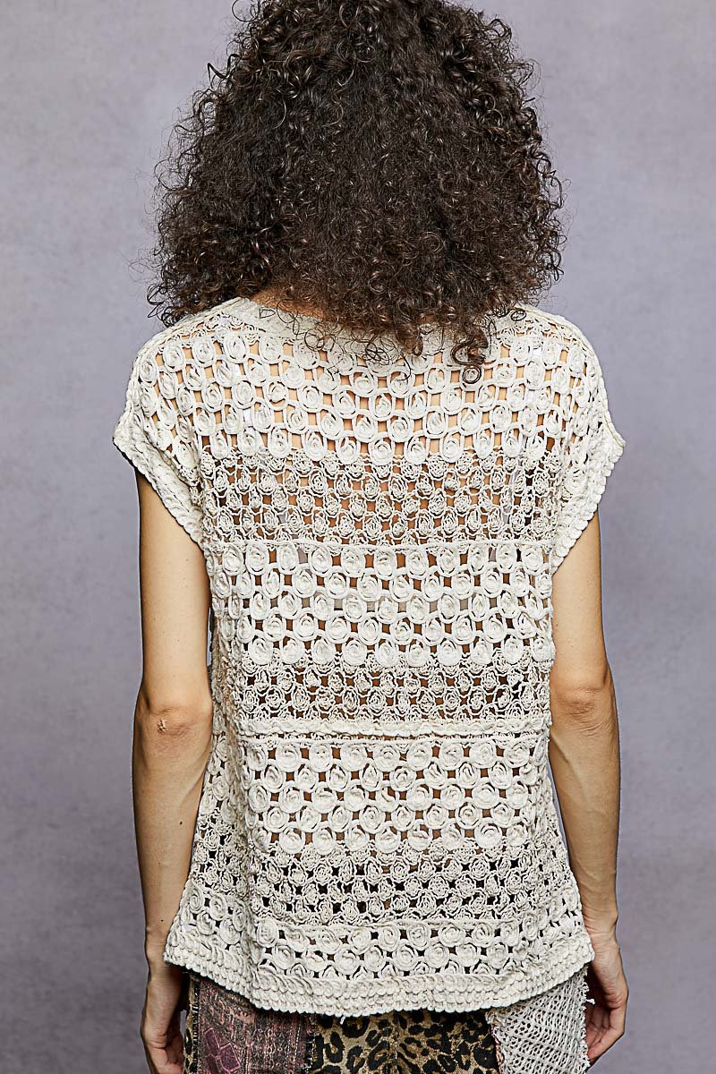 POL Openwork Round Neck Crochet Top - NATURAL / One Size