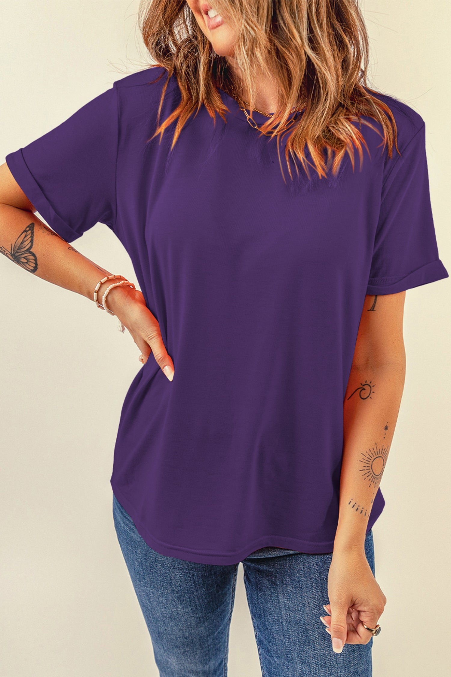 Sachet Pink Solid Color Basic Crew Neck Plain Tee