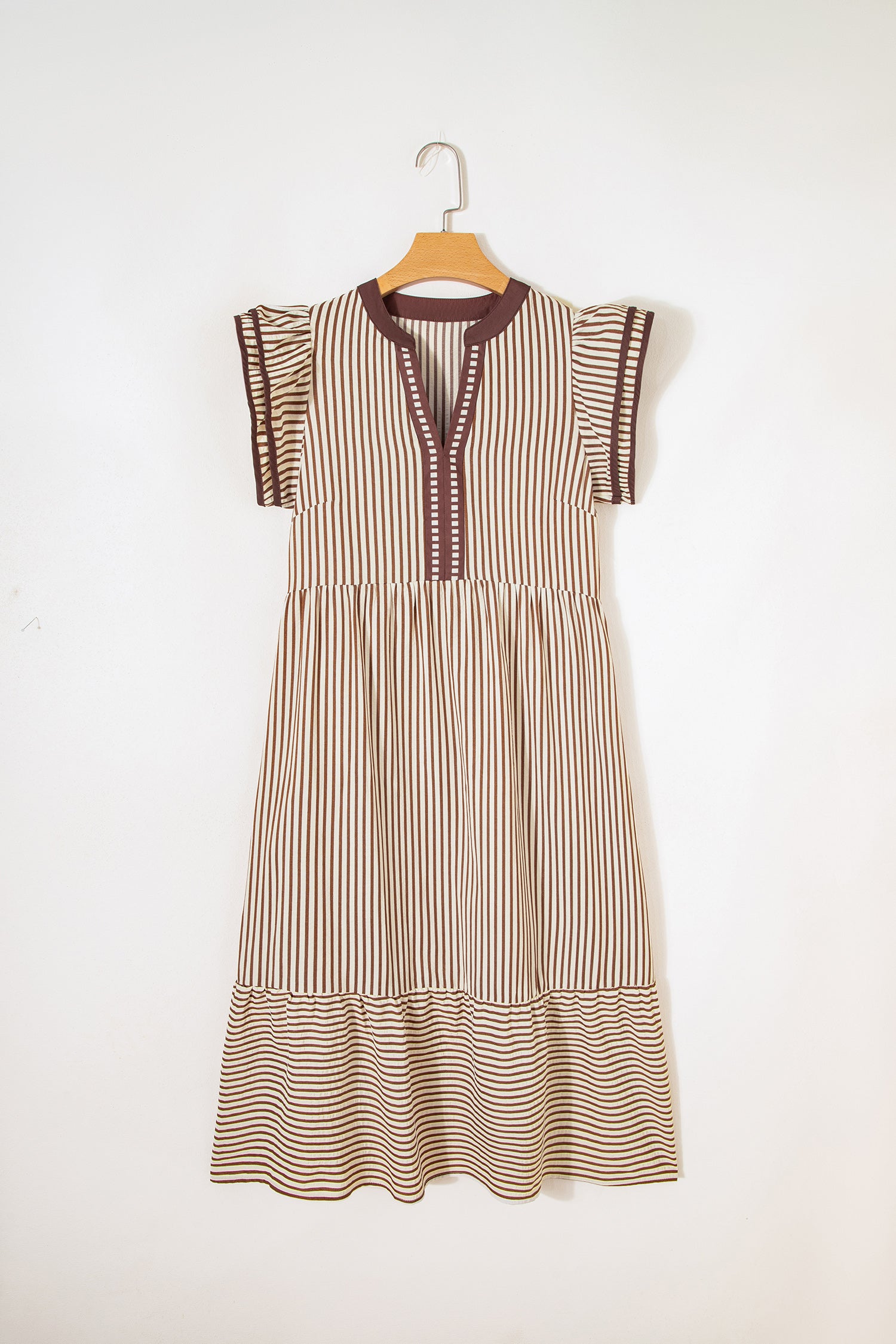 Black Stripe Double Ruffled Short Sleeve Contrast Trim V Neck Midi Dress