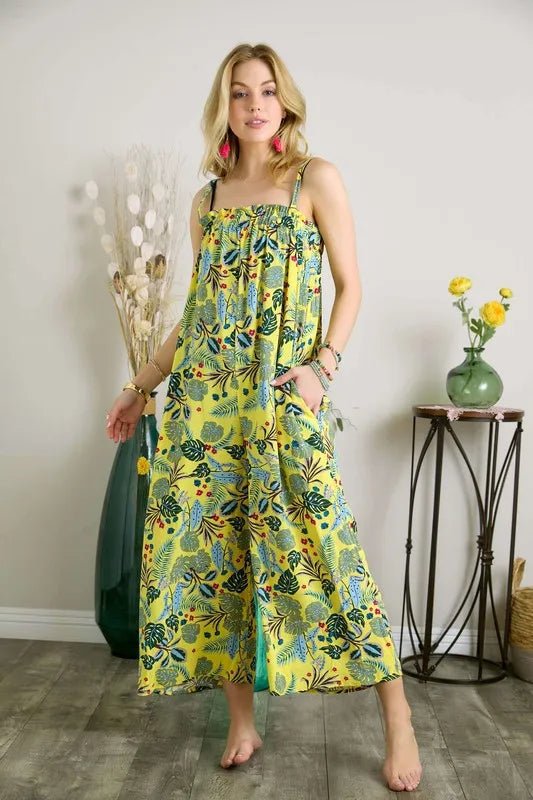 ADORA Elastic Detail Tropical Jumpsuit - YELLOW / S