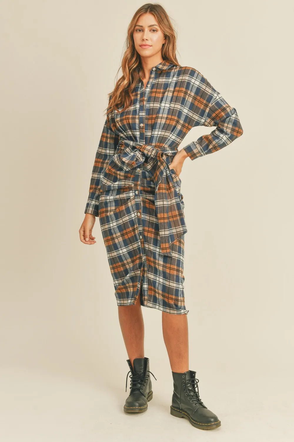 Mable Plaid Flannel Front Tie Button Down Shirt Dress - Camel / S