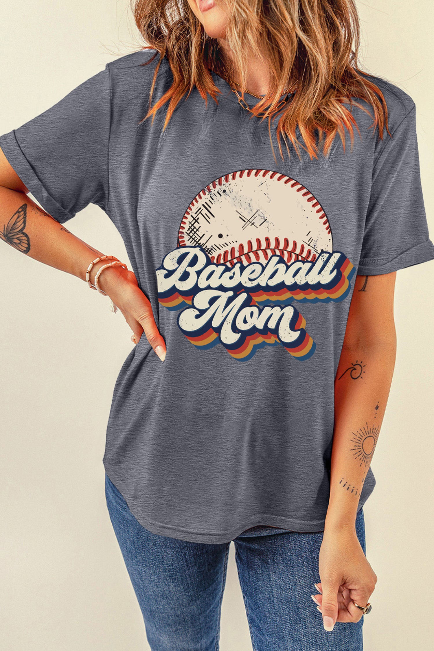 Gray Retro Baseball Mom Printed T Shirt