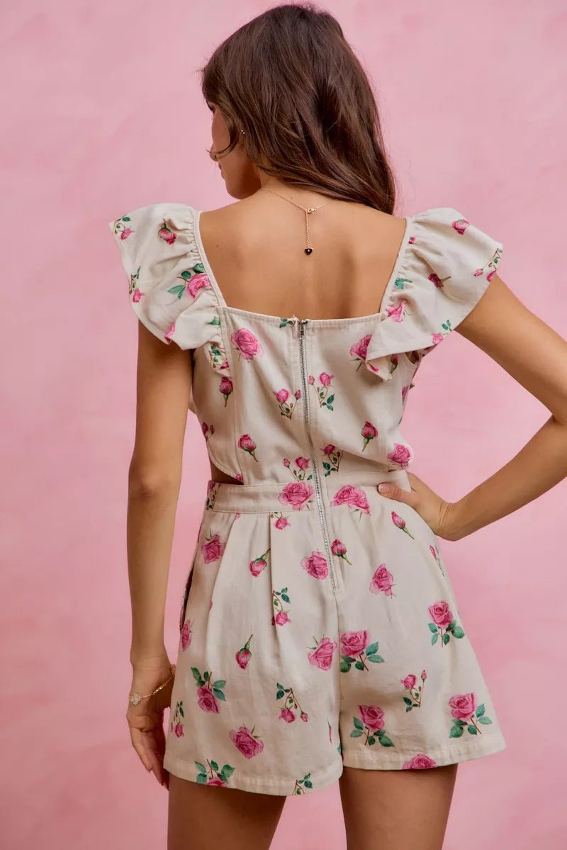 SO ME Floral Print Denim Cut Out Waist Ruffled Romper - IVORY/PINK / S