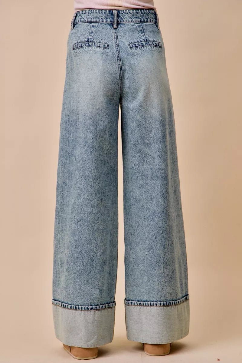 SO ME Mid Rise Plated Wid Leg Denim Jean - DENIM / S